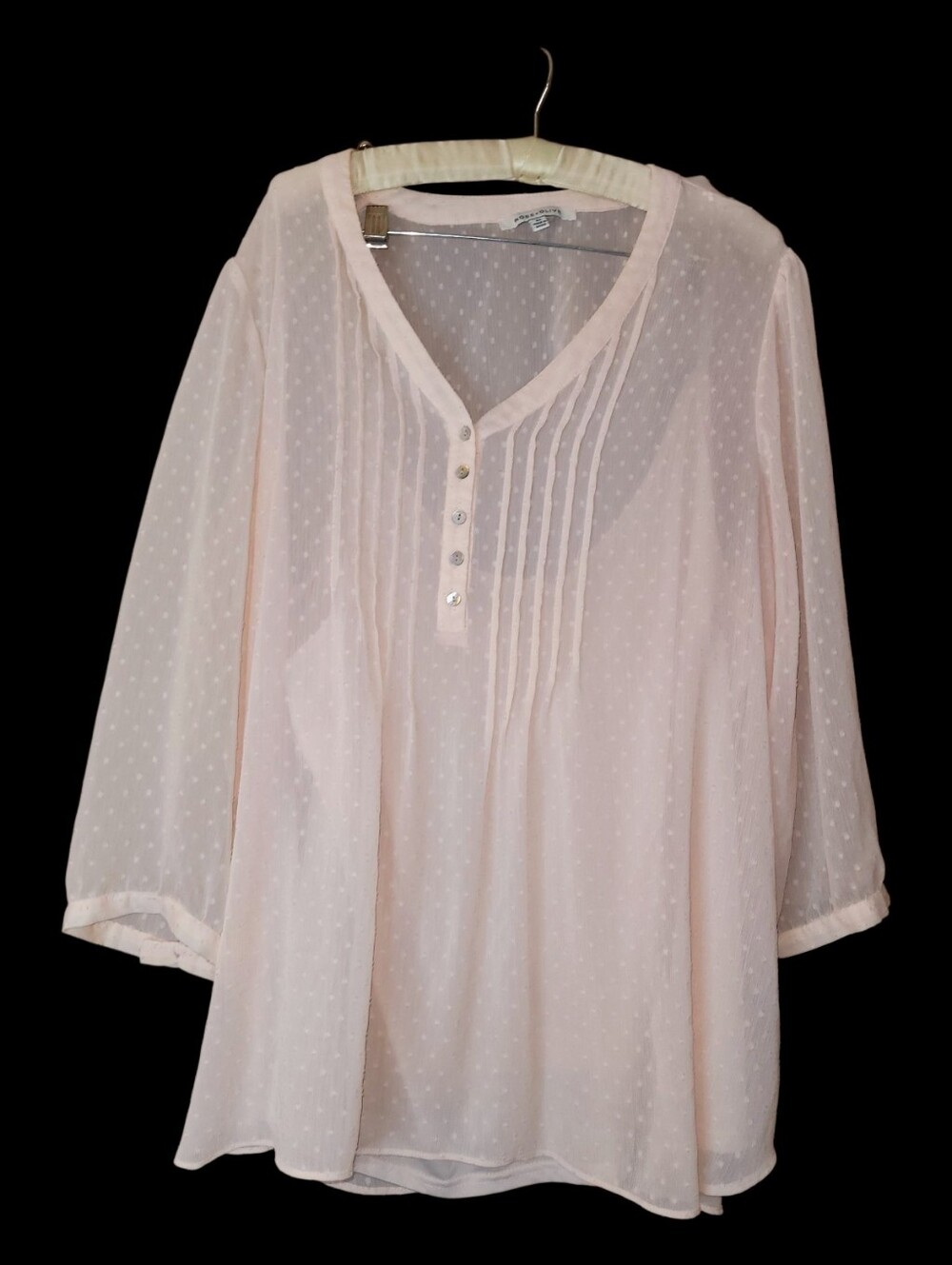 Rose & Olive Pale Pink Feminine Pin Tuck Swiss Dot Blouse 3/4 Length Sleeves 2X